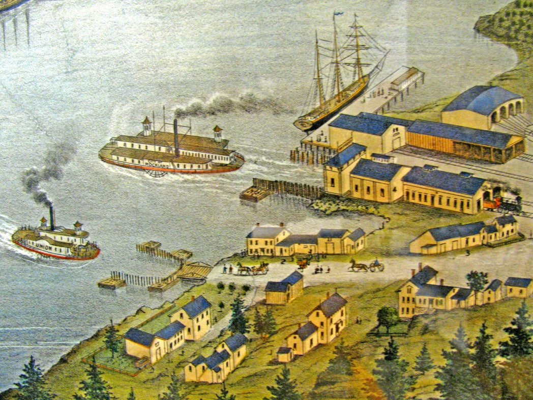 Kennebec-River ferries in Woolwich. Detail of 1878 bird’s-eye map of Bath, Maine